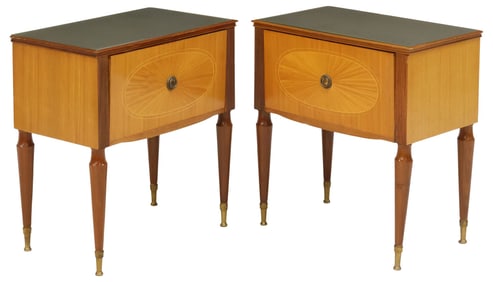 (2) ITALIAN MID-CENTURY MODERN GLASS-TOP MAHOGANY NIGHTSTANDS