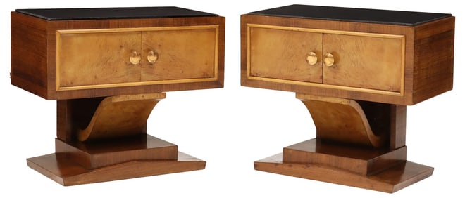 (2) ITALIAN ART DECO BLACK GLASS-TOP WALNUT NIGHTSTANDS