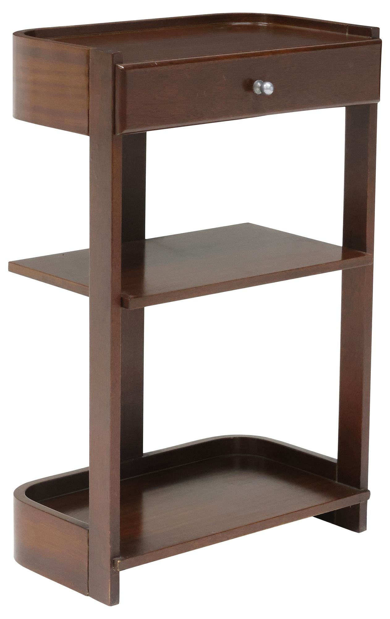 ITALIAN ART DECO STYLE TEAK & MAHOGANY NIGHTSTAND: Italian Art Deco style teak nightstand, c.1970s, rounded frame fitted with a single drawer, and two open shelves, raised on contrasting mahogany straight supports, approx 31"h, 20.25"w,