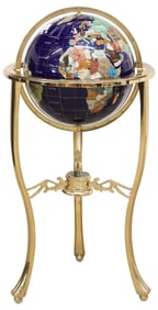 CONTEMPORARY SEMI-PRECIOUS STONE & SHELL-INLAID WORLD GLOBE ON STAND