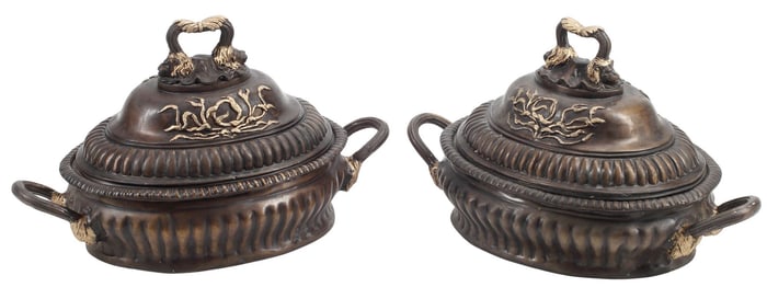 (2) LARGE DECORATIVE PATINATED BRONZE FLUTED TUREENS & COVERS