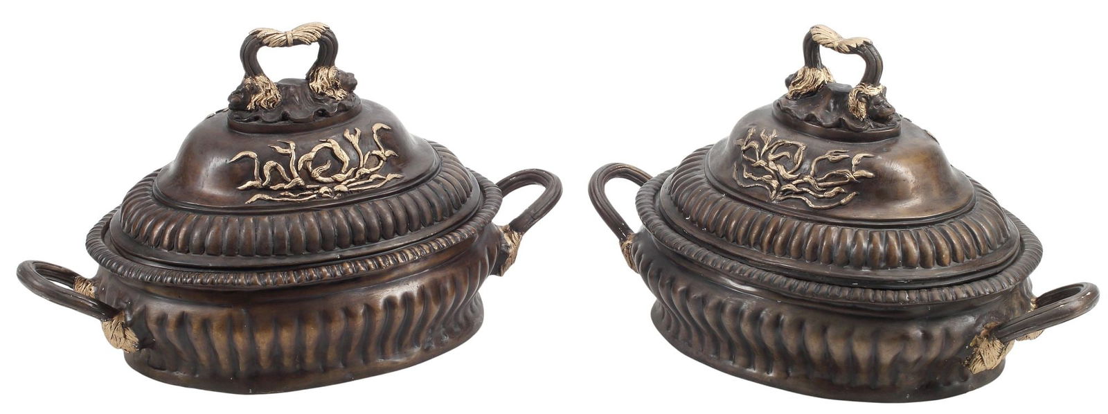 (2) LARGE DECORATIVE PATINATED BRONZE FLUTED TUREENS & COVERS (1 of 4)