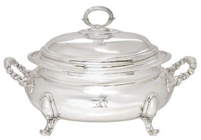 ENGLISH VICTORIAN SILVERPLATE ARMORIAL SOUP TUREEN & COVER