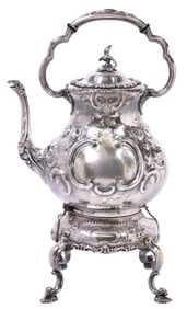 VICTORIAN SILVERPLATE SPIRIT KETTLE ON STAND