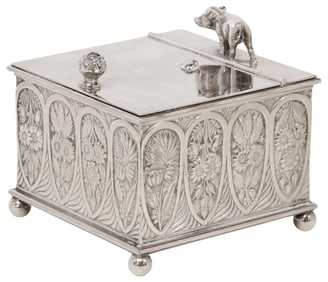 AMERICAN VICTORIAN SILVERPLATE FIGURAL CIGAR HUMIDOR