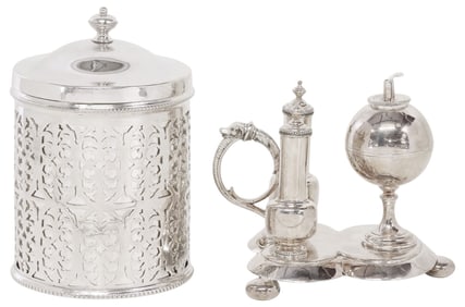 (2) ENGLISH VICTORIAN SILVERPLATE TABLE CIGAR LIGHTER & TOBACCO JAR