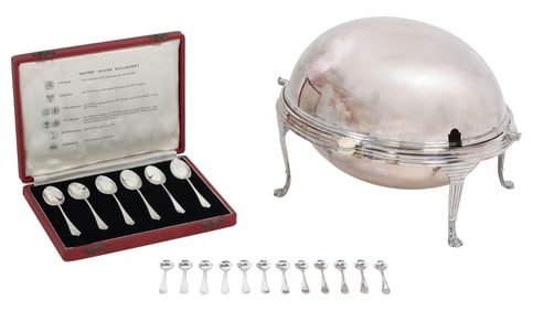 (19) ENGLISH ROLL-TOP SERVING DISH & STERLING SILVER SPOONS