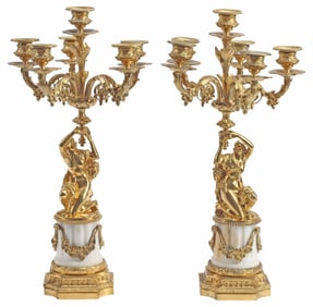 (2) FRENCH LOUIS XVI STYLE ORMOLU & MARBLE FIGURAL 6-LT CANDELABRA