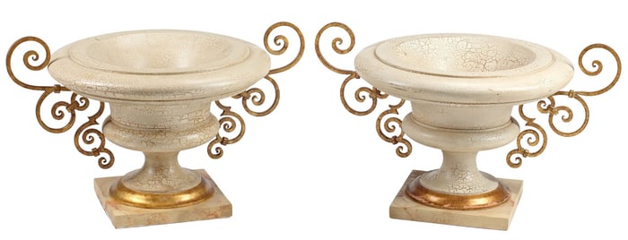 (2) PARCEL-GILT & PAINTED VASES WITH WROUGHT IRON HANDLES