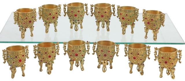 (12) CHINESE JEWELED GILT-BRONZE ELEPHANT MOTIF CUPS