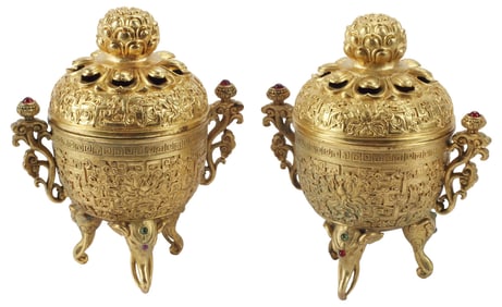 (2) CHINESE GILT-BRONZE TRIPOD CENSERS & COVERS