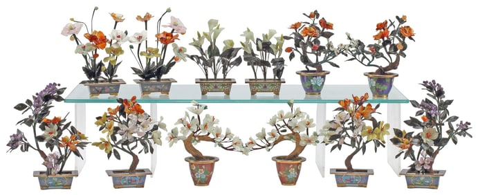 (12) CHINESE HARDSTONE FLOWERING TREES IN CLOISONNE PLANTERS
