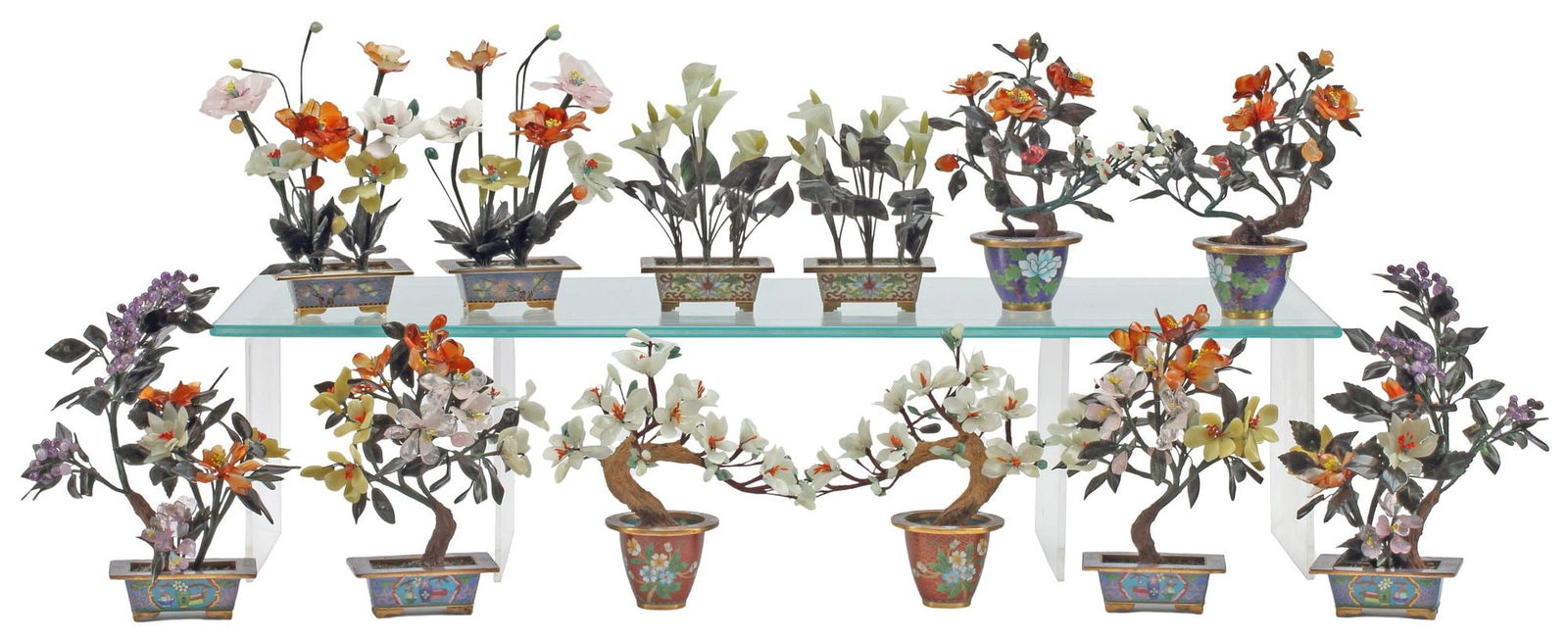 (12) CHINESE HARDSTONE FLOWERING TREES IN CLOISONNE PLANTERS (1 of 5)