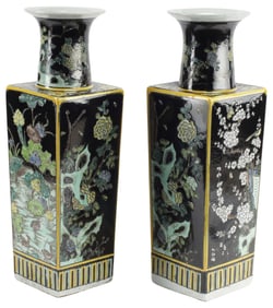 (2) CHINESE FAMILLE NOIRE PORCELAIN SQUARE VASES