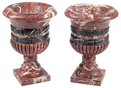 (2) NEOCLASSICAL STYLE RED & BLACK MARBLE CAMPANA VASES