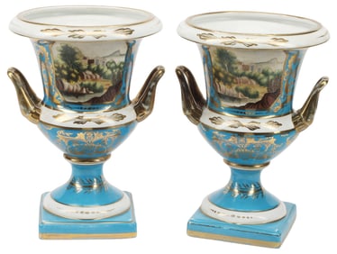 (2) SEVRES STYLE PARCEL-GILT PORCELAIN CAMPANA-FORM URNS