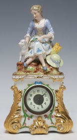 MEISSEN STYLE FIGURAL SHEPHERDESS PORCELAIN MANTEL CLOCK