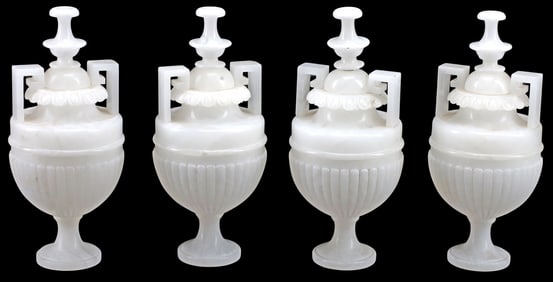 (4) GRAND TOUR STYLE CARVED ALABASTER URNS WITH COVERS