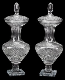 (2) LARGE CUT CRYSTAL VASES & COVERS, 28"H