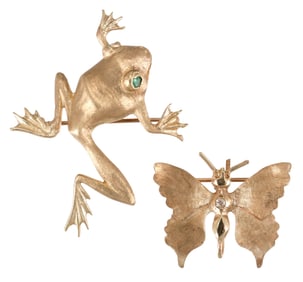 (2) ESTATE 14KT YELLOW GOLD FROG & BUTTERFLY BROOCHES