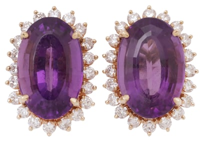 ESTATE 14KT GOLD AMETHYST & 1.50CTTW DIAMOND HALO EARRINGS