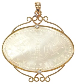 ESTATE 14KT GOLD CHINESE MOP GAMING COUNTER & DIAMOND PENDANT