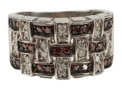 ESTATE 14KT WHITE GOLD, DIAMOND & FIRE GARNET RING