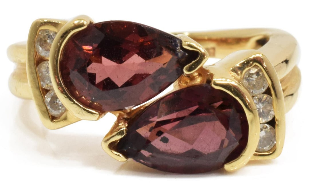 ESTATE 14KT YELLOW GOLD, TOURMALINE & DIAMOND BYPASS RING (1 of 5)