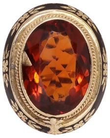 ESTATE 14KT GOLD BLACK ENAMEL & MADEIRA CITRINE QUARTZ RING