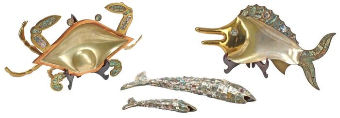 (4) MEXICAN MIXED METAL & ABALONE-INLAID MARINE LIFE TABLE ARTICLES