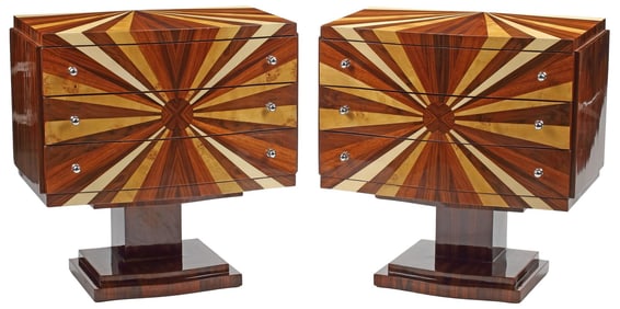 (2) ART DECO STYLE PARQUETRY SUNBURST 3-DRAWER RAISED COMMODES