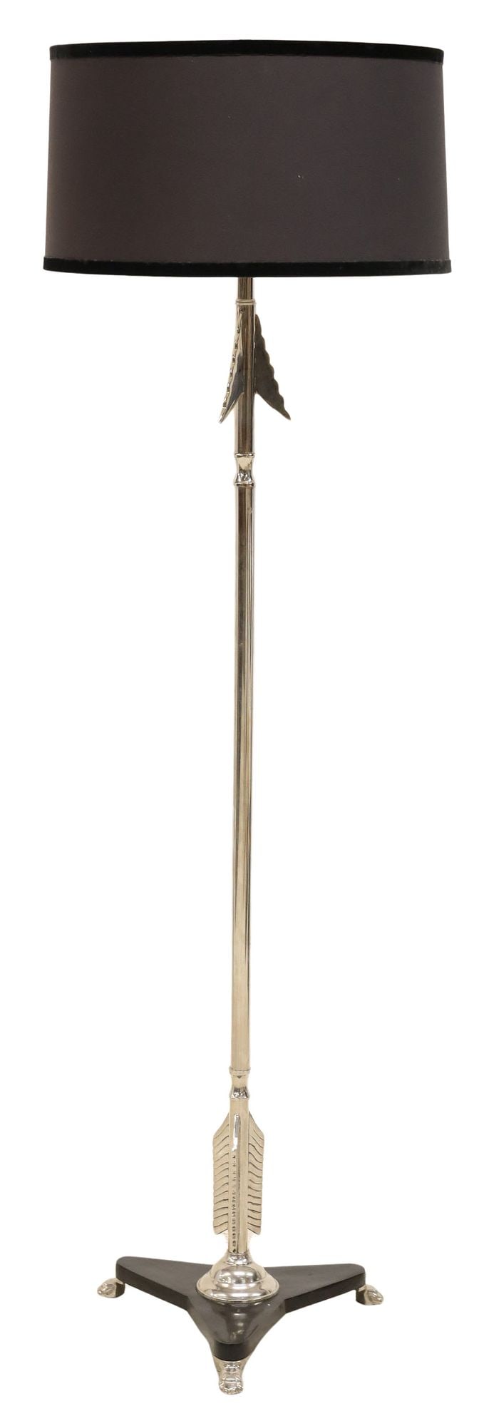 CONTEMPORARY FREDERICK COOPER ARROW-FORM 2-LIGHT FLOOR LAMP: Contemporary two-light floor lamp, Frederick Cooper, 21st c., having chromed metal arrow-form standard, rising on tripartite base and paw feet, accompanied by fabric drum shade, retaining maker's