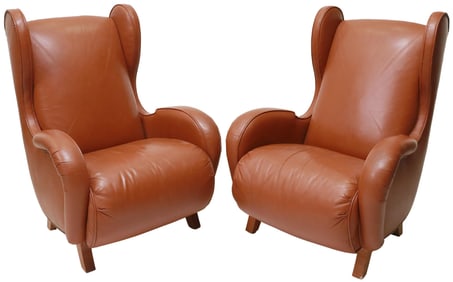 (2) ALEXANDER JULIAN LEATHER WINGBACK ARMCHAIRS