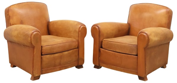(2) FRENCH ART DECO STYLE TAN LEATHER CLUB CHAIRS