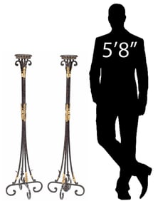 (2) LARGE WROUGHT IRON & GILT TOLE STANDING CANDLE TORCHERES, 50"H