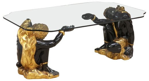 GLASS-TOP COFFEE TABLE WITH CARVED VENETIAN-STYLE FIGURES