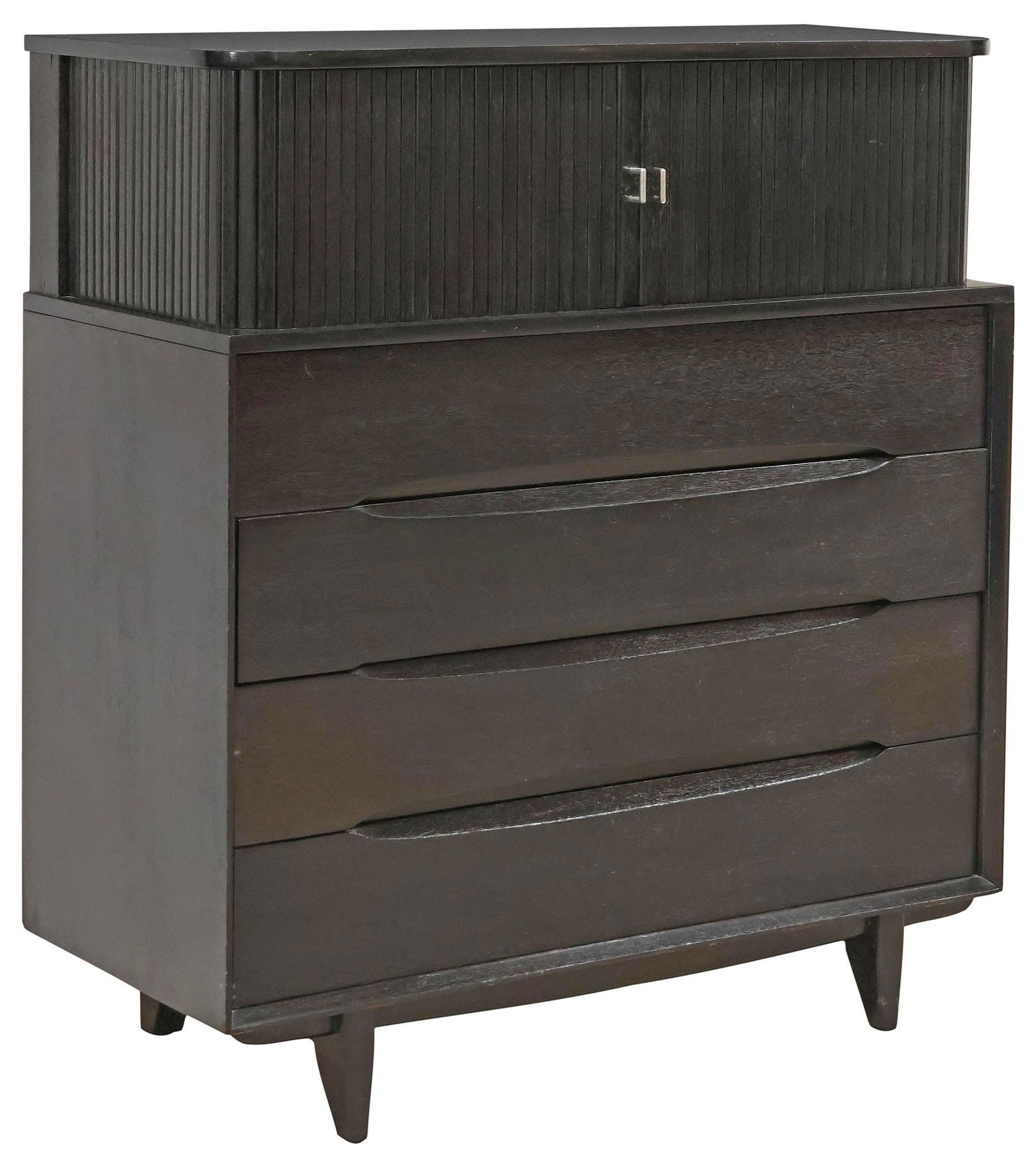 PAUL LASZLO FOR BROWN-SALTMAN MID-CENTURY EBONIZED CHEST OF DRAWERS: Mid-century modern ebonized bachelor's chest of drawers, Paul Laszlo (Hungary/ California, 1900-1993) for Brown-Saltman, c.1960s, upper tambour case with dual cabinet doors, revealing four lu