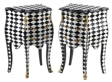 (2) HOLLYWOOD REGENCY STYLE HARLEQUIN PATTERN BOMBE NIGHTSTANDS