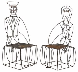 (2) JOHN RISLEY (1919-2001) FOR RAYMOR FIGURAL WROUGHT IRON PATIO CHAIRS