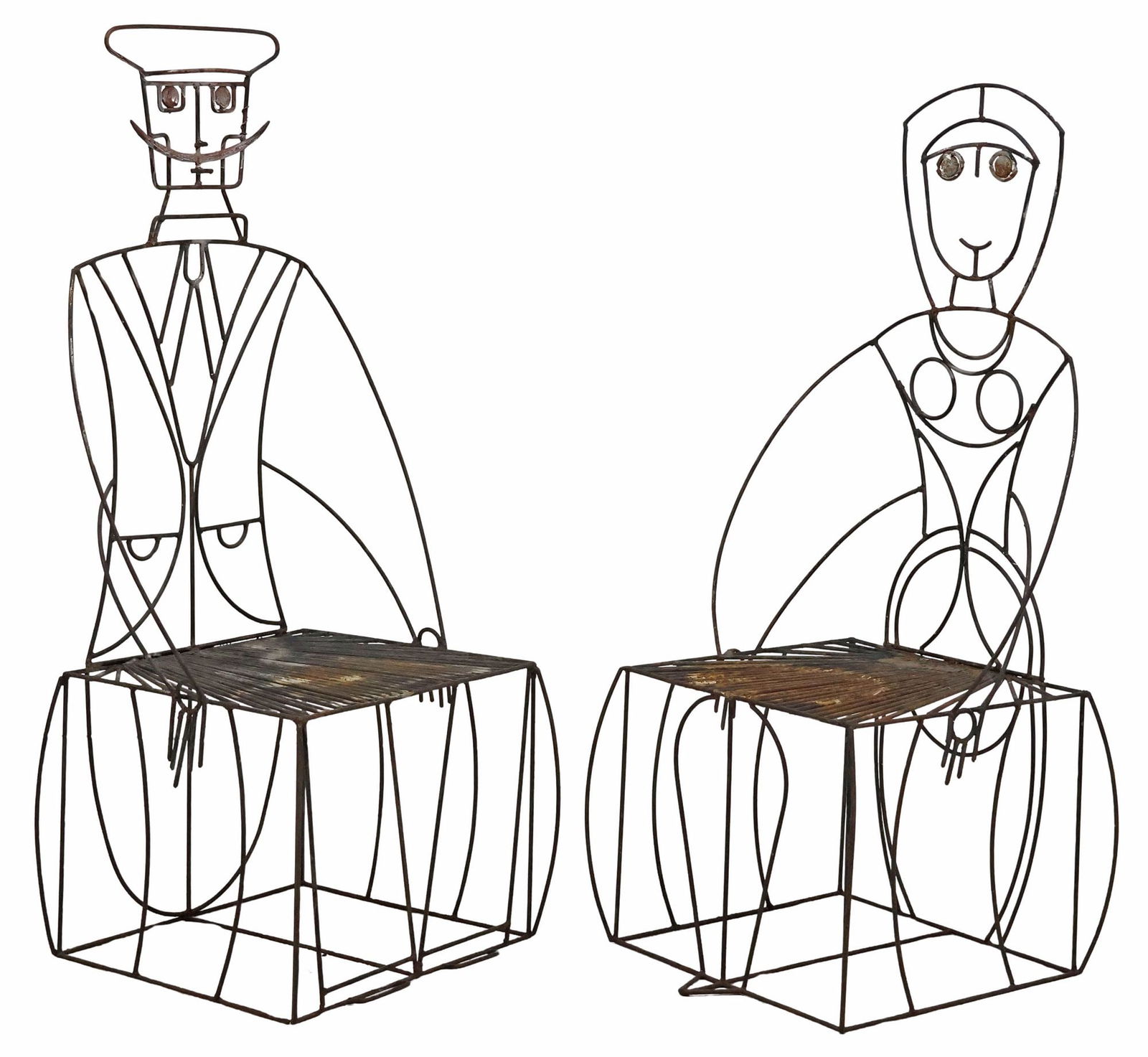 (2) JOHN RISLEY (1919-2001) FOR RAYMOR FIGURAL WROUGHT IRON PATIO CHAIRS: (pair) Anthropomorphic wrought iron outdoor patio lounge chairs, John Risley (American, 1919-2001) for Raymor, c.1960s, each having openwork frame in the form of a human figure, rectangular seat with