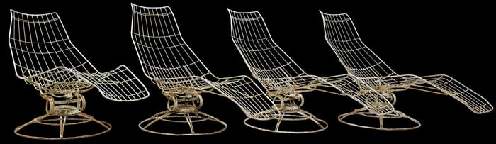 (4) HOMECREST (ATTRIB.) 'SIESTA' WROUGHT IRON OUTDOOR BANANA CHAISE LOUNGES