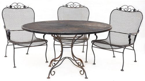 (4) RUSSELL WOODARD (ATTRIB.) WROUGHT IRON OUTDOOR PATIO DINING SUITE