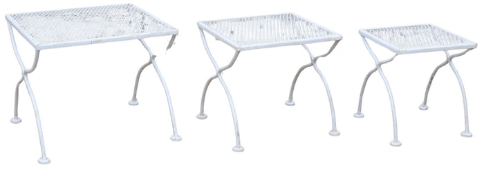 (3) RUSSELL WOODARD (ATTRIB.) WROUGHT IRON OUTDOOR NESTING TABLES