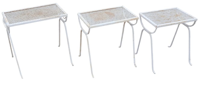 (3) RUSSELL WOODARD (ATTRIB.) WROUGHT IRON OUTDOOR NESTING TABLES