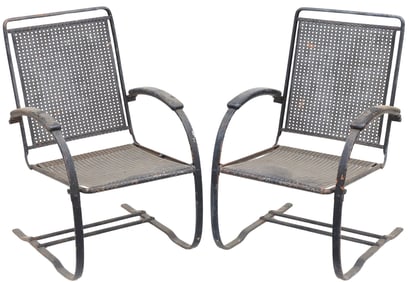 (2) HOWELL (ATTRIB.) WROUGHT IRON OUTDOOR CANTILEVER SPRING CHAIRS
