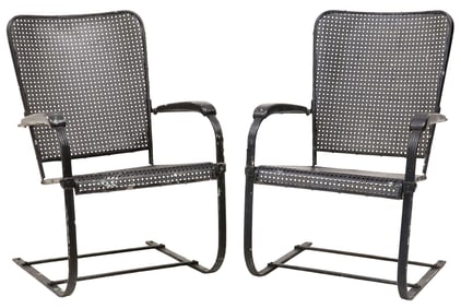 (2) HOWELL STYLE WROUGHT IRON OUTDOOR CANTILEVER SPRING CHAIRS
