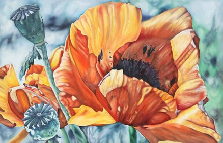 JUDITH LYNN MOORE (1942-2010) OIL PAINTING, 'ORANGE POPPY,' 31" X 48"
