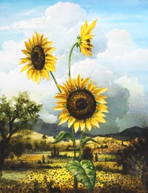 KEVIN SLOAN (B.1958) ACRYLIC PAINTING, 'SUNS AND CLOUDS'