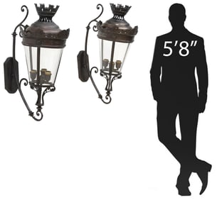 (2) LARGE BADARI (ATTRIB.) PATINATED METAL 3-LIGHT WALL LANTERNS, 31"H