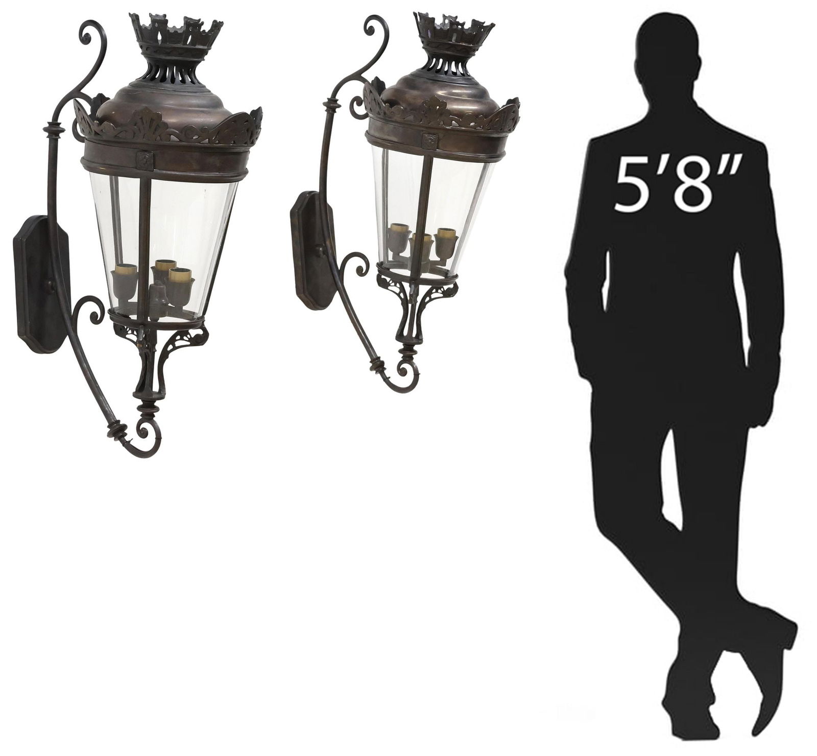 (2) LARGE BADARI (ATTRIB.) PATINATED METAL 3-LIGHT WALL LANTERNS, 31"H (1 of 3)
